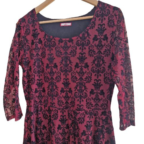 Rochie VTG dantela, rosu-negru, imprimeu damasc catifelat, marime L [4]