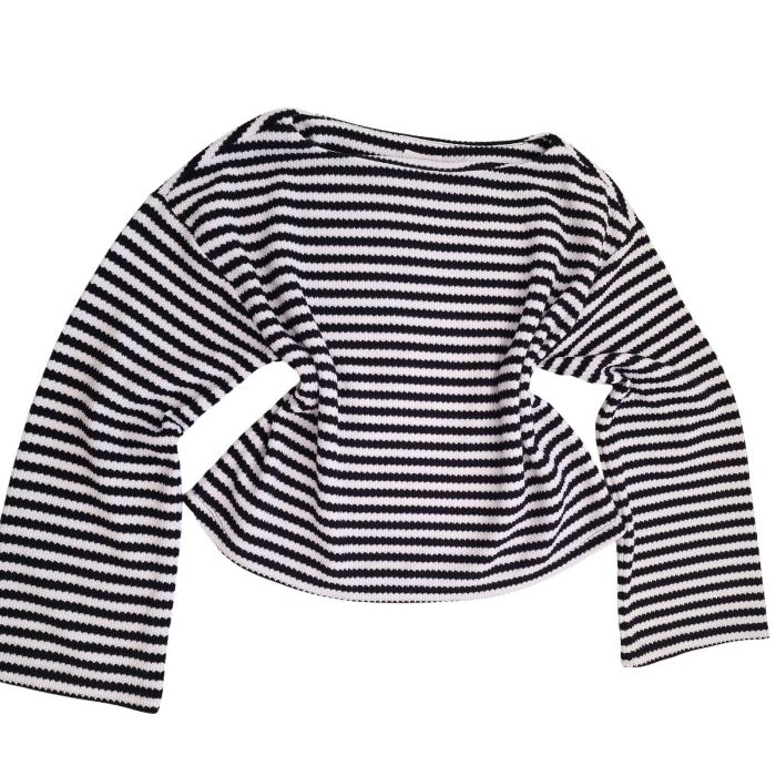 Bluza H&M, ALB CU NEGRU, striped long sleeve, guler barca, L [2]