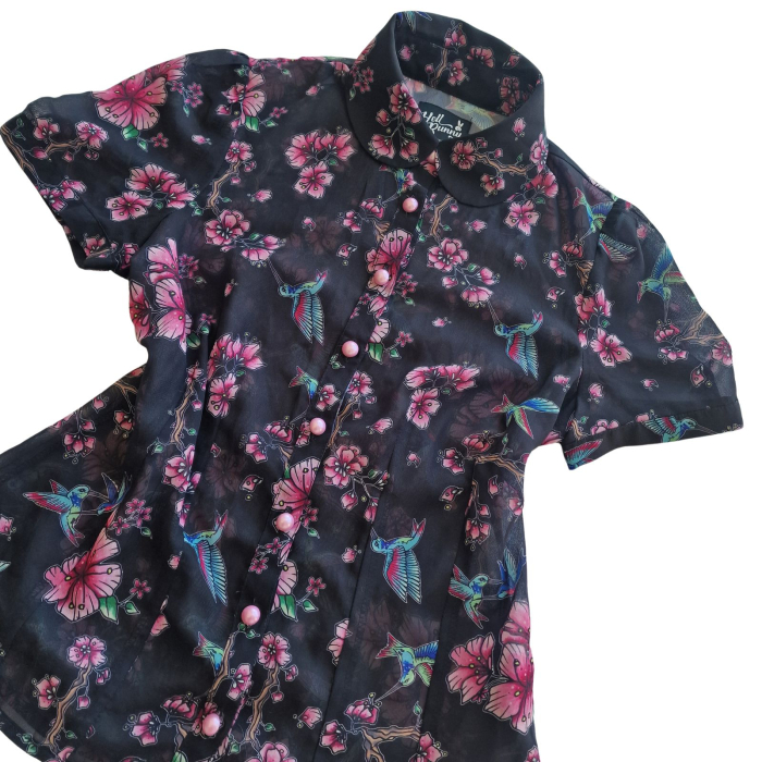 Camasa Hell Bunny, negru, print floral japonez, vintage, XS [3]