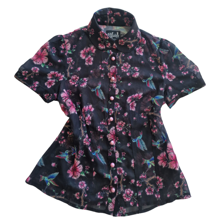 Camasa Hell Bunny, negru, print floral japonez, vintage, XS [4]