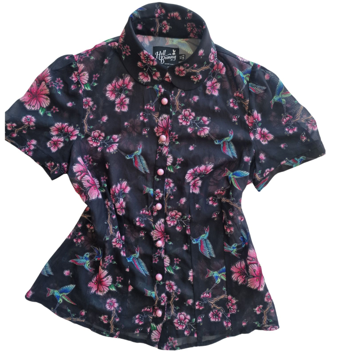 Camasa Hell Bunny, negru, print floral japonez, vintage, XS [2]