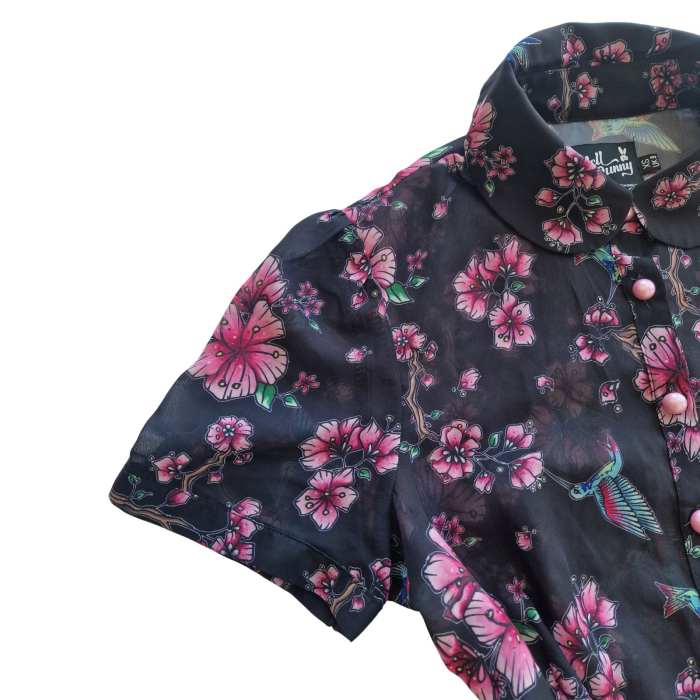 Camasa Hell Bunny, negru, print floral japonez, vintage, XS [5]
