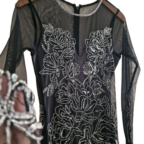 Rochie Miss Selfridge Premium embellished sheer-yoke mesh cocktail, marime M [6]