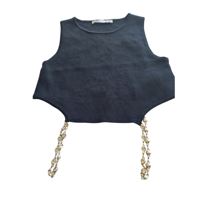 TOP CROP RIBBED ZARA, franjuri bijuterie, negru, M [4]