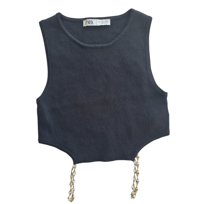 TOP CROP RIBBED ZARA, franjuri bijuterie, negru, M [2]