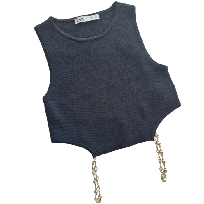 TOP CROP RIBBED ZARA, franjuri bijuterie, negru, M [3]