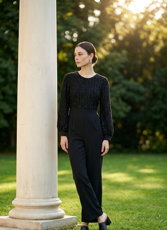 Femei - Salopeta VTG eleganta, maneca lunga, paiete, marime L