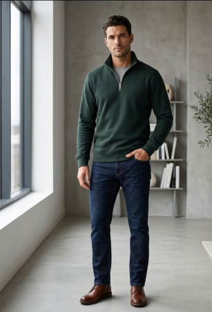 Bluze - Bluza ZARA, verde inchis washed, QUARTER-ZIP SWEATSHIRT,  L
