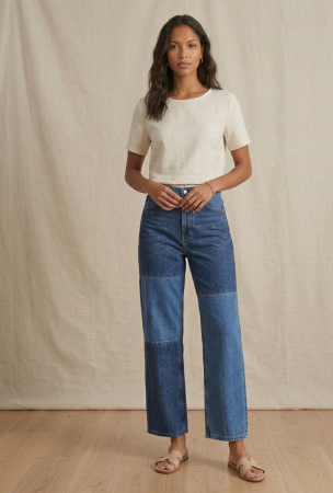 Femei - Blugi MONKI, patchwork, hight waist, albastru denim, straight fit, M