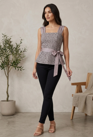 Topuri si Tricouri - Top Peter Martin, taupe tip corset, plepum, tweed eyeled, L