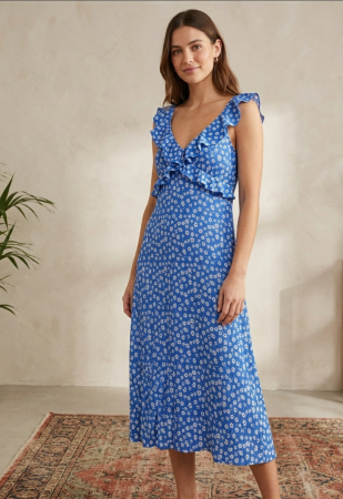 Femei - Rochie F&F, albastru imprimeu floral, material creponat, volanase la bretele, L