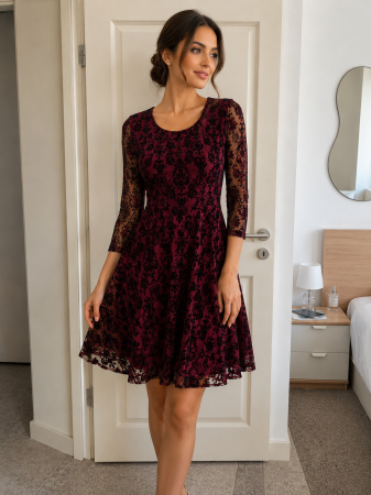 Rochii - Rochie VTG dantela, rosu-negru, imprimeu damasc catifelat, marime L