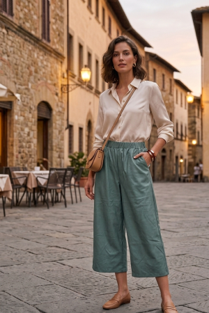 Pantaloni - Pantaloni culotte largi,verde-menta inchis, talie cu buzunare, Emery Rose, marime XL