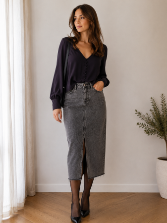 Bluze - Bluza NEXT eleganta, sifon fluid, decolteu V, nasturi frintali, maneci bufante, L
