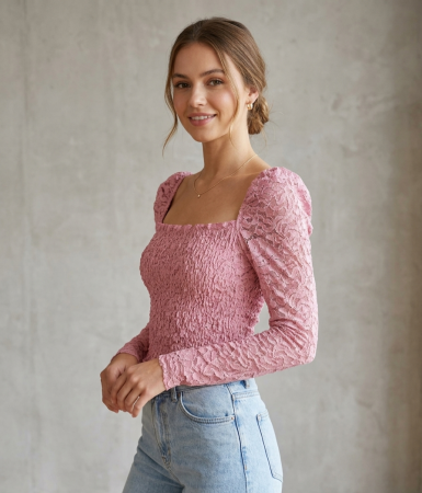 Bluze - Bluza TOPSHOP crop, dantela roz, off-shoulder, maneca lunga, marime XS