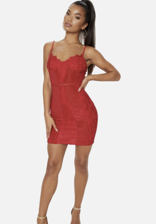 Rochii - Rochie Pretty Little Thing  Red Strappy Lace Velvet Insert Bodycon, marime S