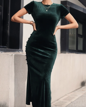 Rochii - Rochie ZARA, catifea, verde-smarald, maxi, marime XL