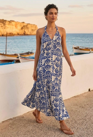Femei - Rochie F&F, maxi, imprimeufloral folk, croiala ampla, decolteu V, M