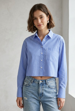 Camasi - Camasa River Island crop, albastru cu dungi, relaxed fit, M