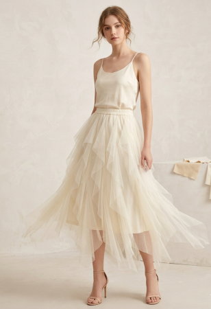Fuste - Fusta romantica Saint Genies Mesh Tull Layered, crem butter, XS