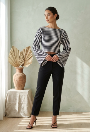 Bluze - Bluza H&M, ALB CU NEGRU, striped long sleeve, guler barca, L