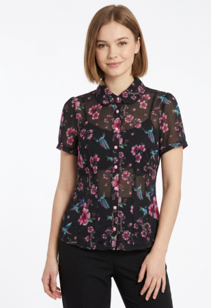 Camasi - Camasa Hell Bunny, negru, print floral japonez, vintage, XS
