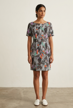 OUTLET - Rochie ANGEL PARIS, imprimeu geometric abstract, talie marcata, L