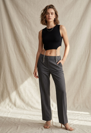 Topuri si Tricouri - TOP CROP RIBBED ZARA, franjuri bijuterie, negru, M