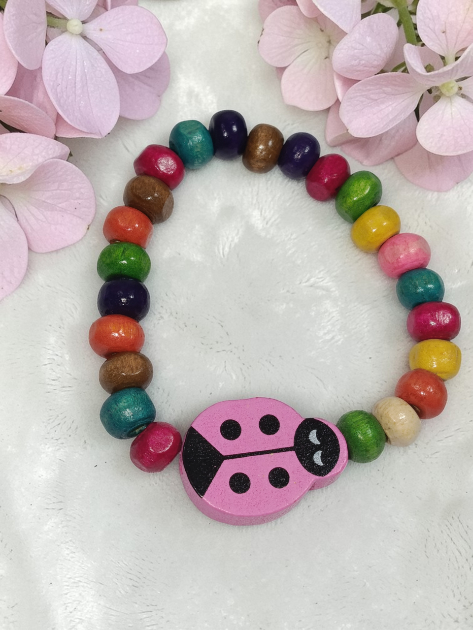 Brățară  Copii Reglabilă Din Lemn cu Buburuză Roz Handmade „Buburuza cu Noroc" [2]