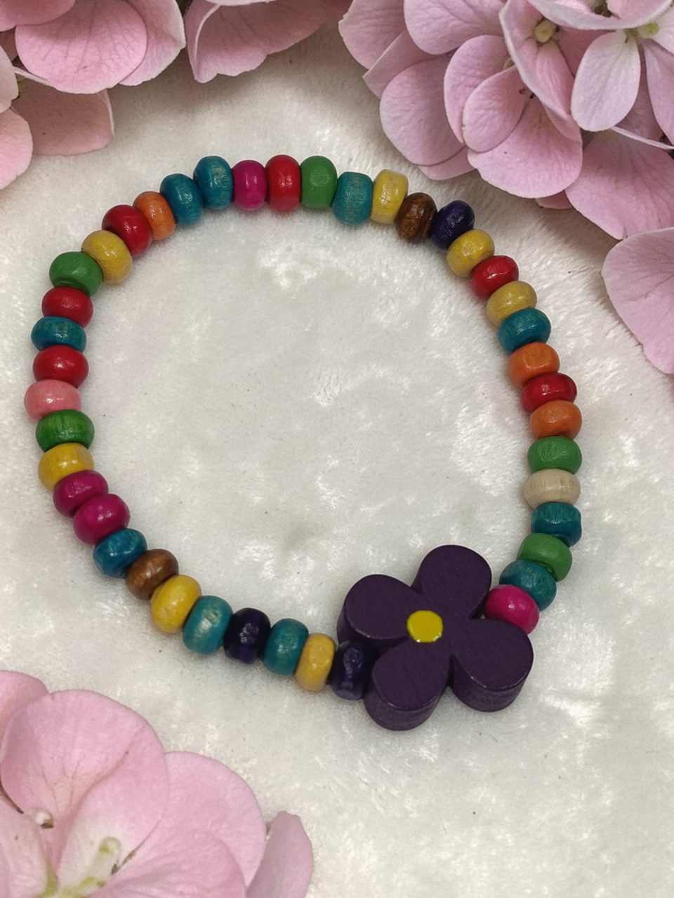 Brățară Copii Reglabilă Din Lemn cu Floricică Mov,Handmade "Dansul Culorilor" [2]