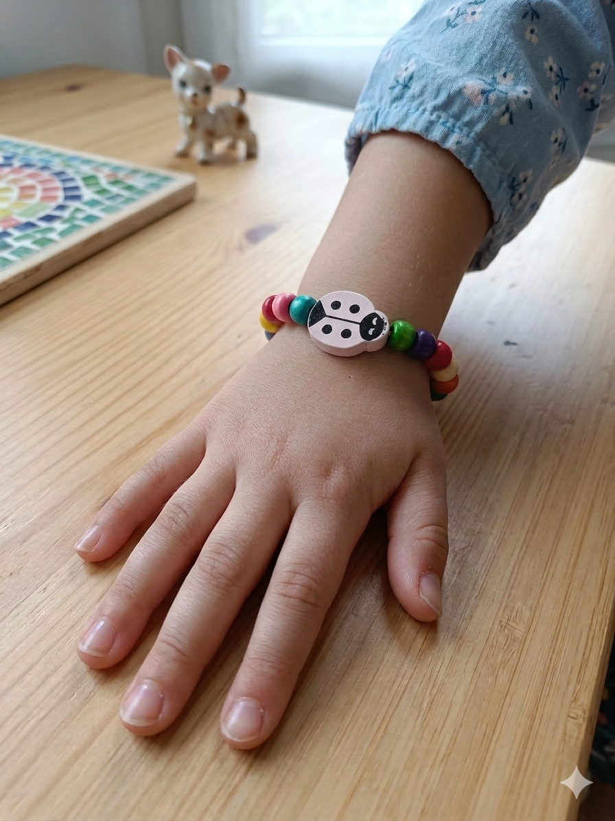 Brățară Copii Reglabilă Din Lemn cu Buburuză Roz Handmade „Zâmbet de Gâză" [3]