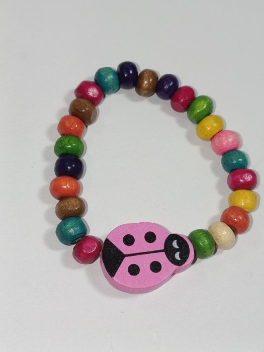 Brățară Mărțișor Copii - Buburuză Roz & Mărgele Lemn | Handmade „Buburuza Roz cu Noroc" [3]