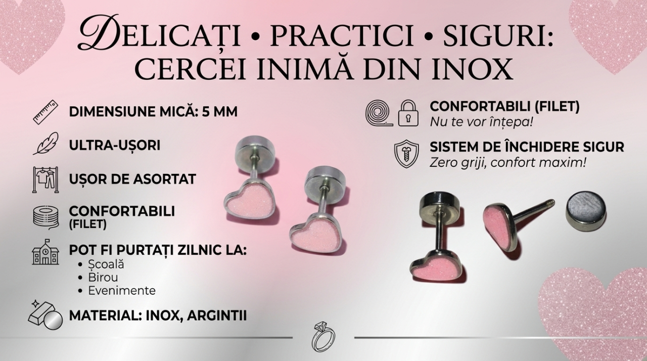 Cercei Mici Inox Hipoalergenic,Roz Cu Sclipici, „Inimă de Rouă” [5]