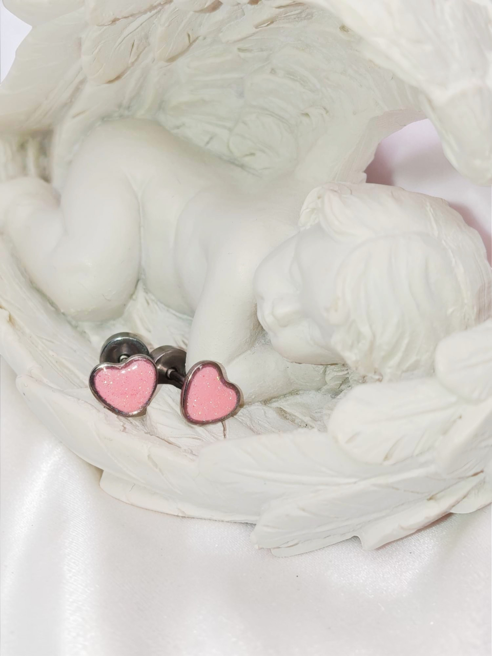 Cercei Mici Inox Hipoalergenic,Roz Cu Sclipici, „Inimă de Rouă” [3]