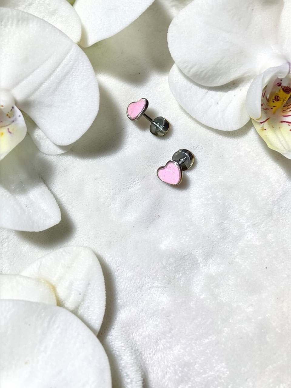 Cercei Mici Inox Hipoalergenic,Roz Cu Sclipici, „Inimă de Rouă” [2]