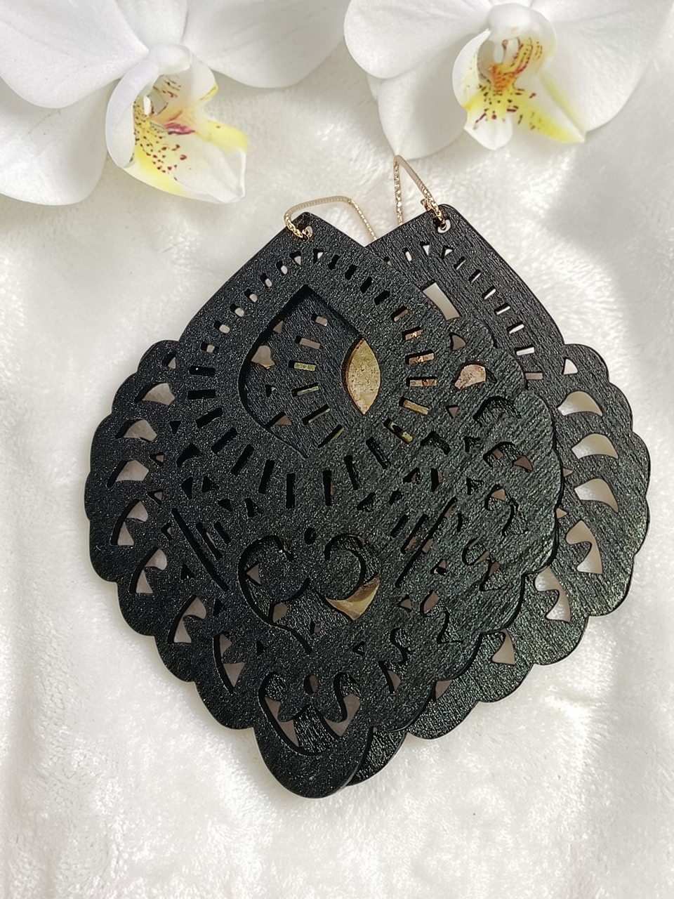 Cercei Statement Lemn Negru Mat 9cm | Hipoalergenici, Ușori - „Midnight Filigree” [2]