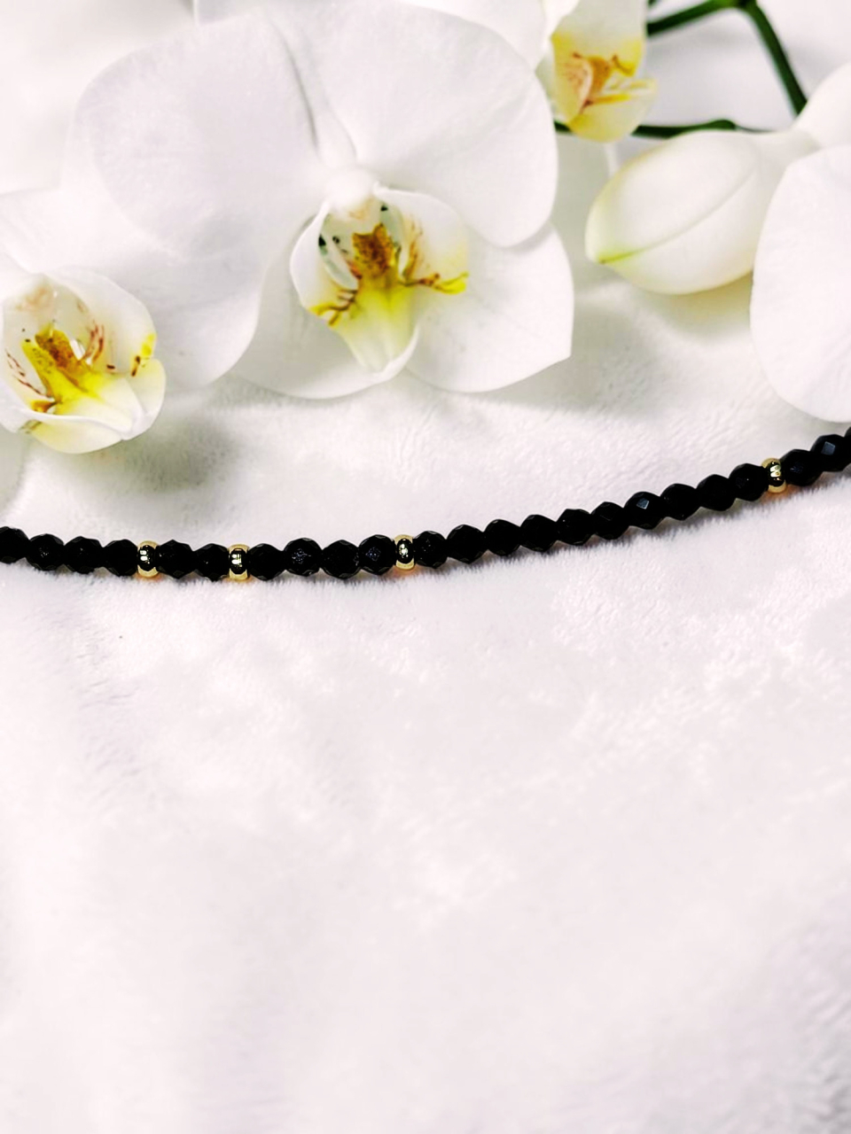 Colier Choker Cristale Negre Fațetate – Aurii, Fir Inox, Rezistent la Apă „Midnight Gold” [3]
