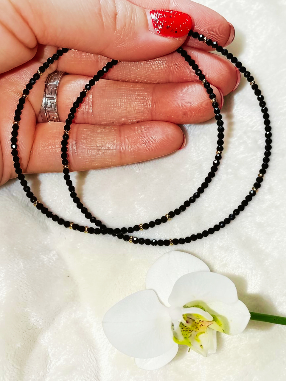 Colier Choker Cristale Negre Fațetate – Aurii, Fir Inox, Rezistent la Apă „Midnight Gold” [4]