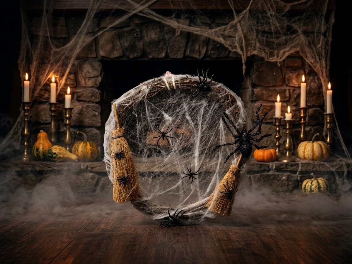 Coroniță Halloween Handmade Pânză de Păianjen și Mături Decorative "Măturici Vrăjite" [2]