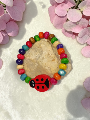 BRĂȚĂRI VELVETKIDS - Brățară Copii Reglabilă Din Lemn cu Buburuză Roșie  Handmade „Bubu cea Norocoasă"