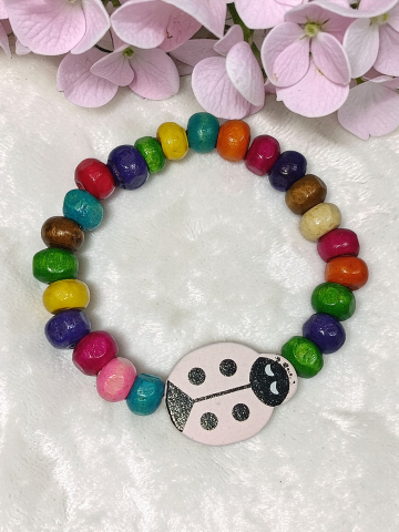 Brățară Copii Reglabilă Din Lemn cu Buburuză Roz Handmade „Zâmbet de Gâză" [1]