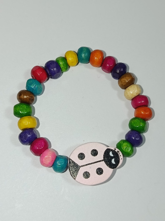 Brățară Mărțișor Copii - Mărgele Lemn & Buburuză Roz | Handmade „Zâmbet de Gâză" [1]