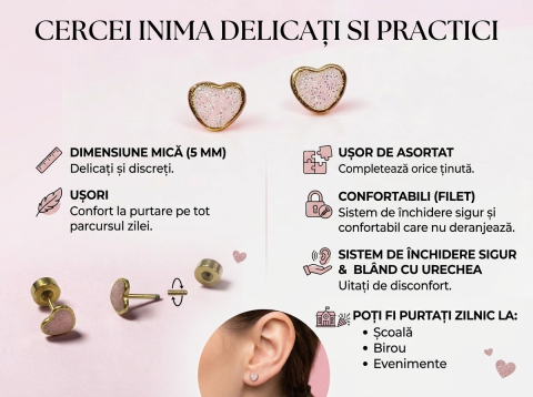 Cercei din inox 304 inimioare roz 5 mm – hipoalergenici - „Praf de Stele și Iubire” [4]