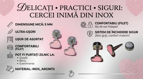 Cercei Mici Inox Hipoalergenic,Roz Cu Sclipici, „Inimă de Rouă” [4]