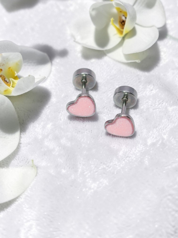 CERCEI VELVETTEENS - Cercei Mici Inox Hipoalergenic,Roz Cu Sclipici, „Inimă de Rouă”