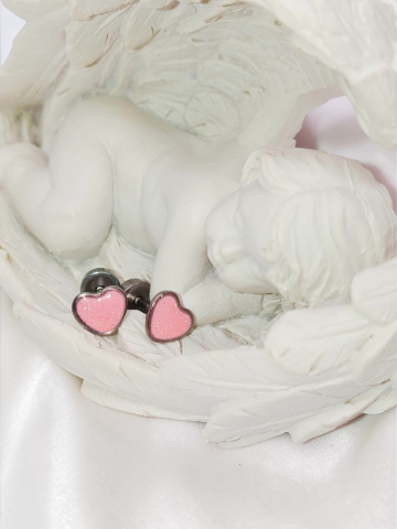 Cercei Mici Inox Hipoalergenic,Roz Cu Sclipici, „Inimă de Rouă” [2]