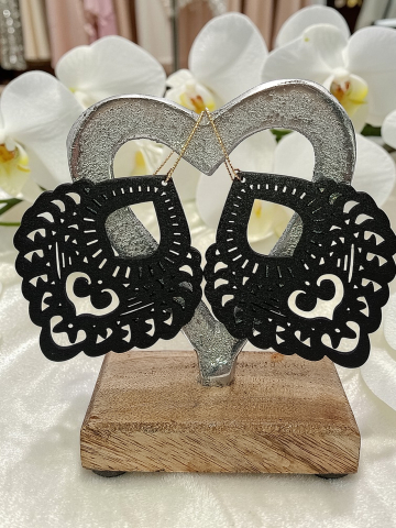 VELVET LADIES - Cercei Statement Lemn Negru Mat 9cm | Hipoalergenici, Ușori - „Midnight Filigree”