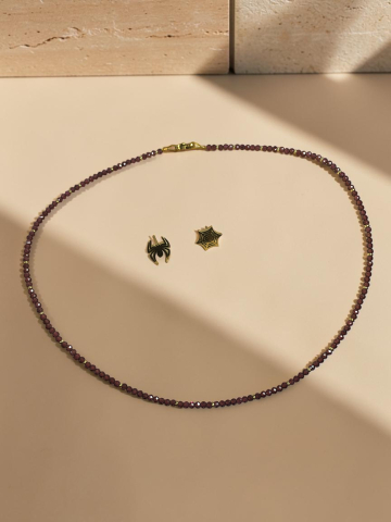 Set Choker Cristale Granat și Cercei Mici Păianjen și Pânză, Cadou pentru Ea, Inox Auriu "Destin Țesut în Cristale Bordo" [1]