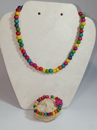 Set Mărțișor Copii: Colier și Brățară Handmade, Mărgele Lemn „Floricele și Bucurie" [2]