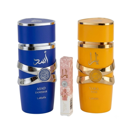 Seturi Cadou Parfumuri - Set Parfumuri Lattafa Asad Zanzibar si Yara Tous Mango 100ml cu 2 mostre cadou El Nabil